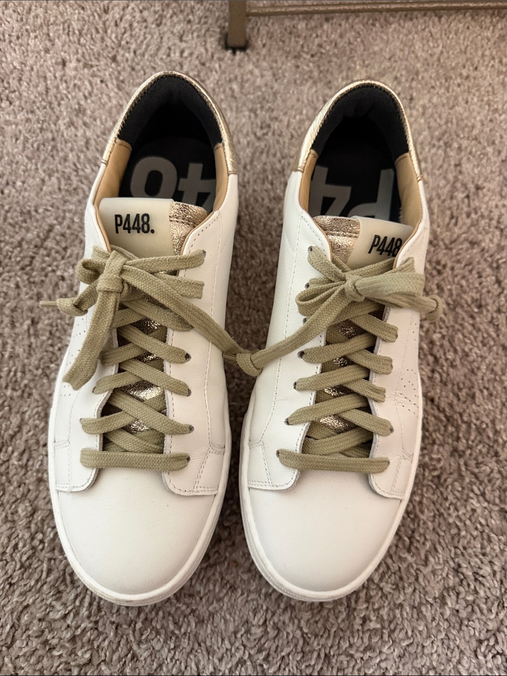 P448 White Sneakers with Olive Laces and Gold Tongue Accent